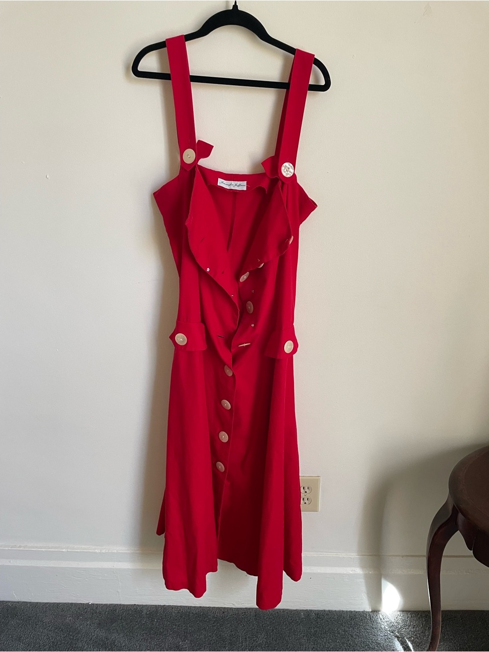 Vintage Red Button-Front Midi Dress with Ruffle Detail